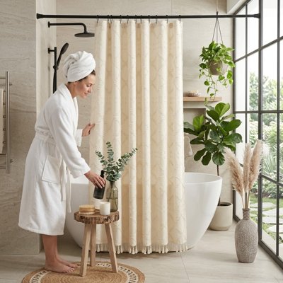 Rideau de douche, blanc crème, motifs de diamants – Tissu imperméable avec pompons Boho