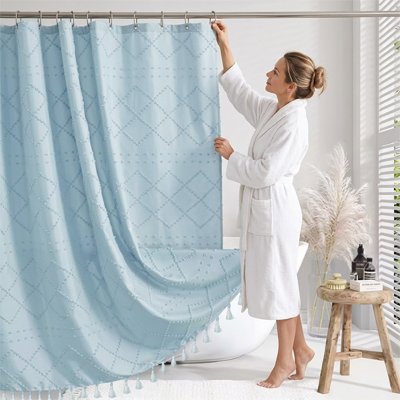 Rideau de douche, bleu, motifs de diamants – Tissu imperméable avec pompons Boho