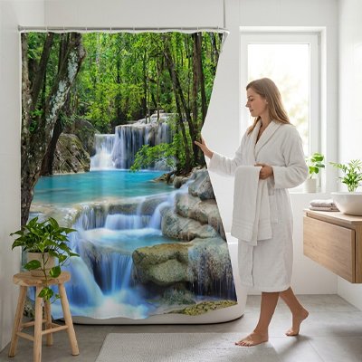 Rideau de douche motif cascade naturels en polyester avec crochets, tissu de gril, décoration scénique