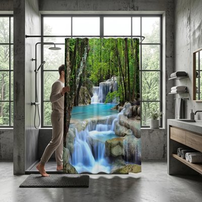 Rideau de douche motif naturels cascade en polyester avec crochets, tissu de gril, décoration scénique