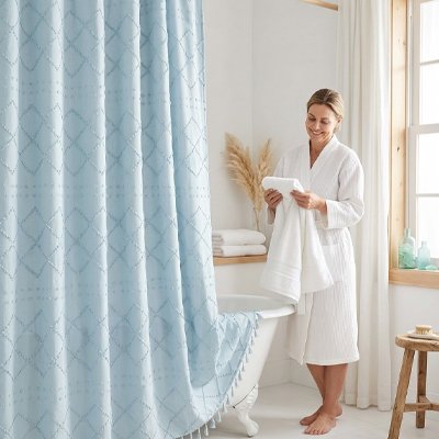 Rideau de douche motifs de diamants – Tissu imperméable avec pompons Boho, bleu
