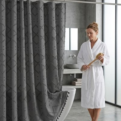 Rideau de douche motifs de diamants – Tissu imperméable avec pompons Boho, noir
