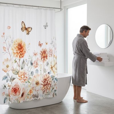 Rideau de salle de bain aux feuille d'eucalyptus ton automne, moderne et Simple