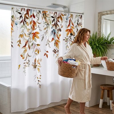 Rideau de salle de bain décoration de salle de bain en tissu, avec crochets, ton automne