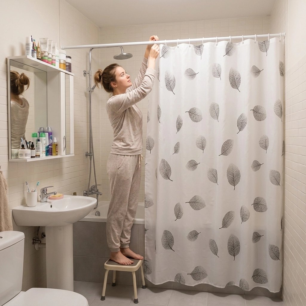 Rideau douche aux motifs feuilles sur fond blanc léger pour l'esprit