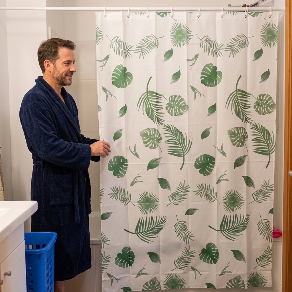 Rideau douche avec anneaux séchages rapides à motif feuilles vertes