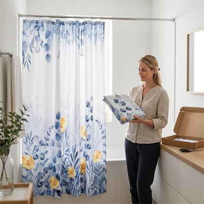 Rideau douche feuilles bleues, plante aquarelle, moderne et Simple