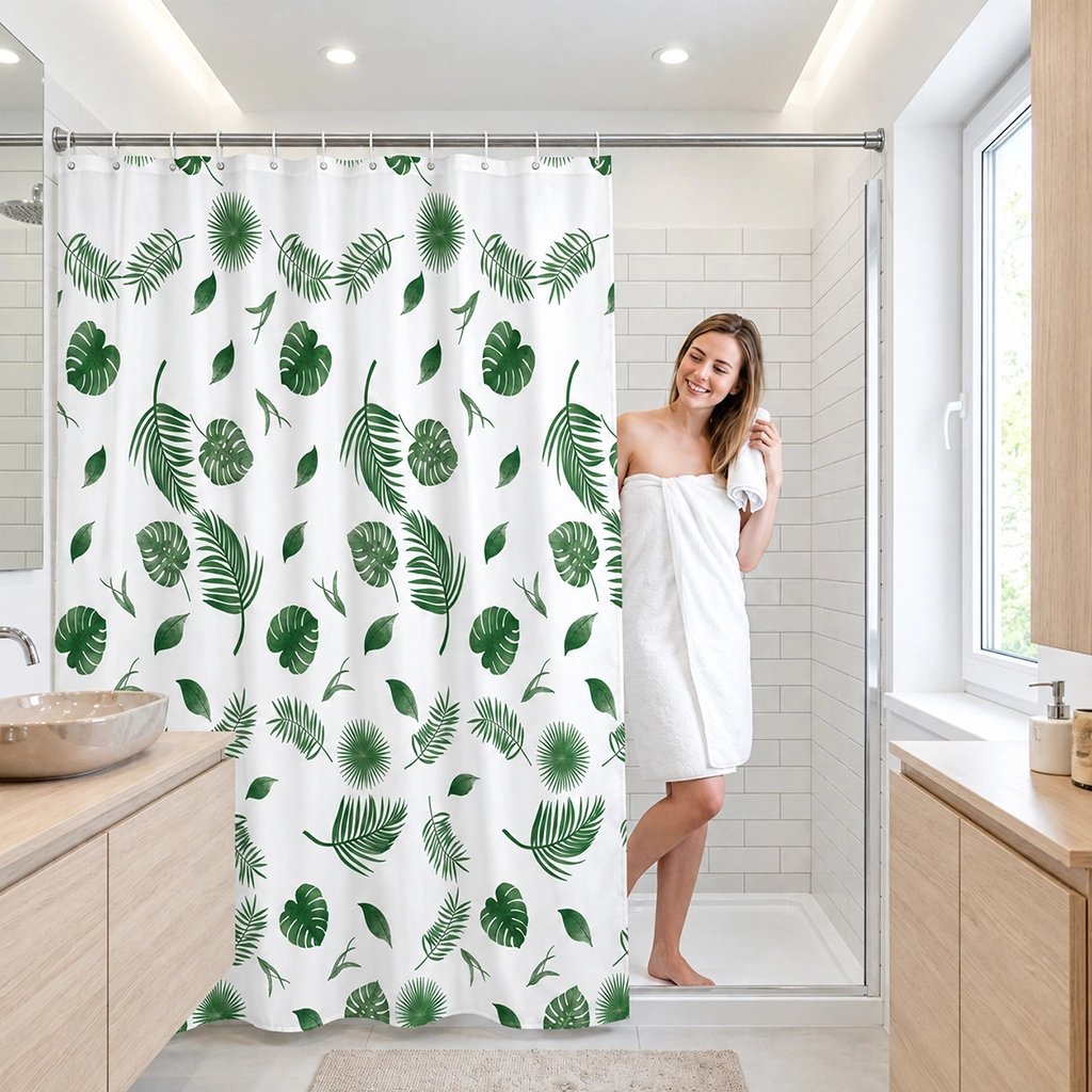 Rideau douche grand format semi-opaque, motifs feuilles vertes