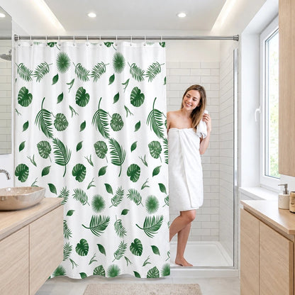 Rideau douche grand format semi-opaque, motifs feuilles vertes