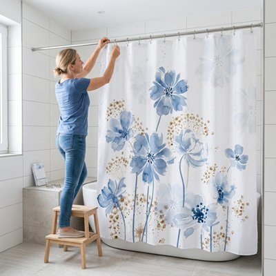 Rideau douche grandes fleurs bleues, style aquarelle, moderne et Simple