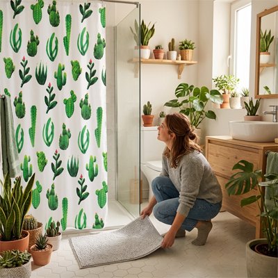 Rideau douche motif cactus, sur fond blanc 