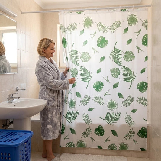 Rideau douche motif feuilles vertes, séchage rapide, lavable, semi-opaque