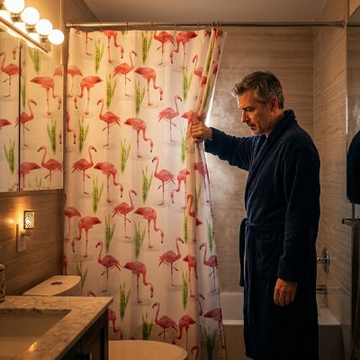 Rideau douche motif flamant roses sur fond blanc