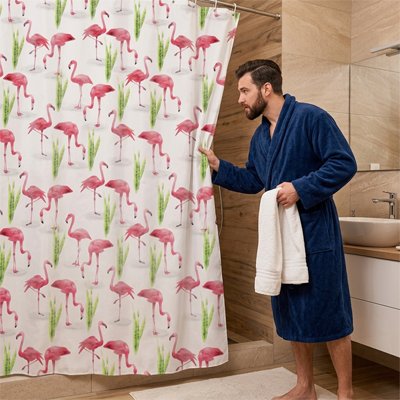 Rideau douche motif sur fond blanc, flamant roses