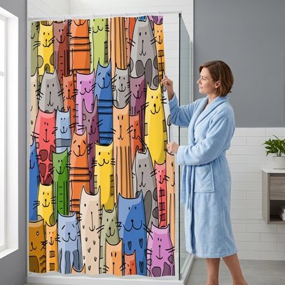 rideau salle de bain drôles avec crochets décor imperméable chats multicolores