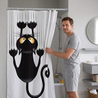 rideau salle de bain drôles avec crochets décor imperméable chat noir