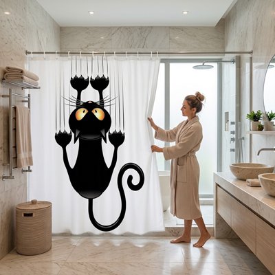 rideau salle de bain drôles avec crochets décor imperméable chat noir rigolo