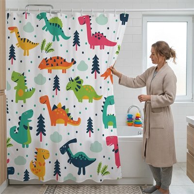 Rideaux de douche enfantin, dinosaure multicolore