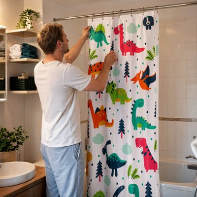 Rideaux de douche rigolo, dinosaure multicolores 