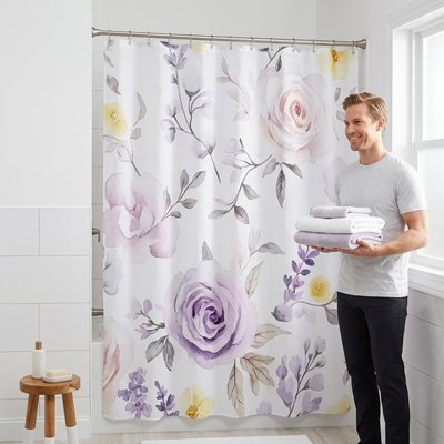 Rideaux douche, fond blanc , fleurs mauves, printanier, apaisant