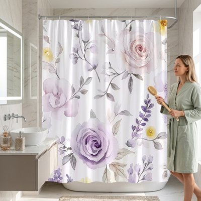 Rideaux douche, motif grandes fleurs mauve, printanier, apaisant