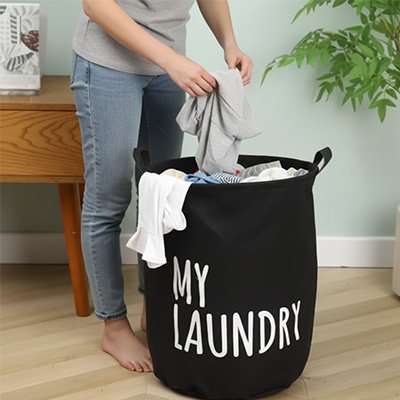 Sac à linge noir tissu coton et lin robuste 