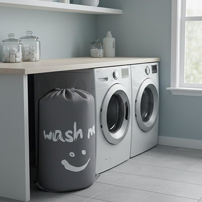 Sac à linge sale en Nylon en forme de sourire, gris, pochette de rangement de voyage, lavable en Machine, sac à cordon de serrage 