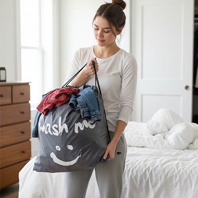 Sac à linge sale en Nylon en forme de sourire gris, pochette de rangement de voyage, lavable en Machine, sac à cordon de serrage 