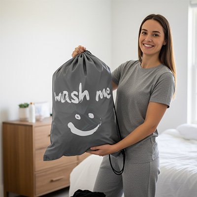 Sac à linge sale gris en Nylon en forme de sourire, pochette de rangement de voyage, lavable en Machine, sac à cordon de serrage 