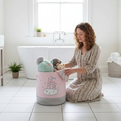 sac pour linge sale avec poignées en tissu pliable rose 