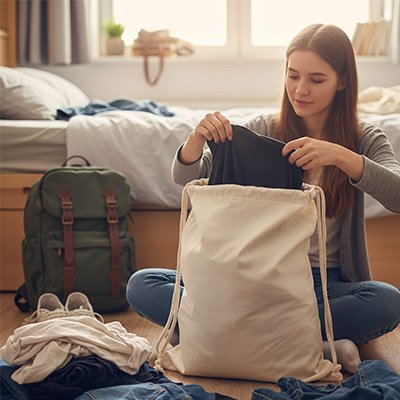 Sac pour linge sale grand format beige en coton robuste avec cordon 