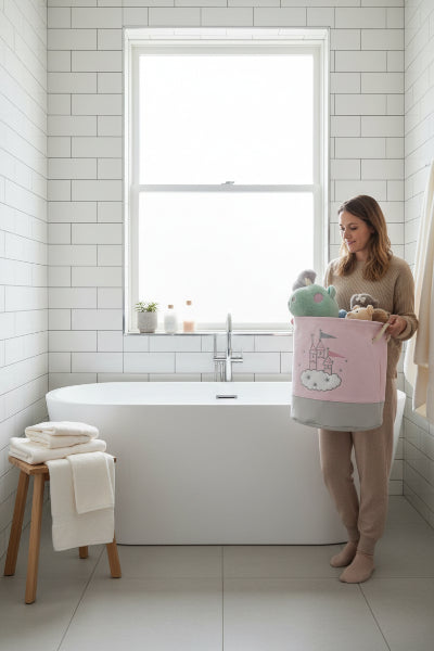 sac pour linge sale motif château de dessin animé mignon, rose, pliable 