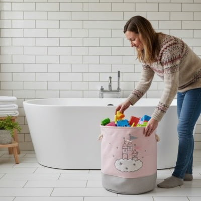sac pour linge sale rose avec poignées en tissu pliable