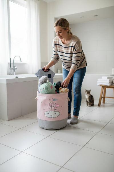 sac pour linge sale, rose, avec poignées en tissu pliable