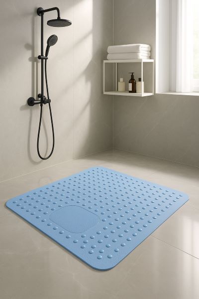 tapis antidérapant salle de bain bleu avec nuage de massage et ventouses