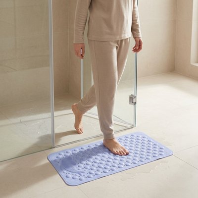 Tapis antidérapant salle de bain bleu ciel avec ventouses et trous de vidange
