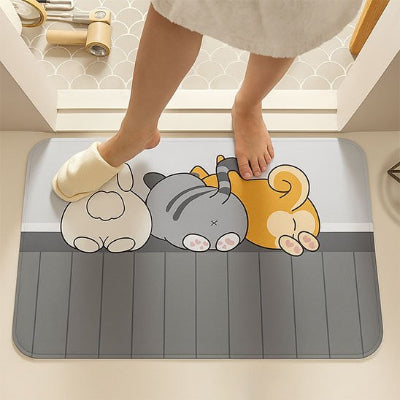 Tapis de bain antidérapant absorbant gris et blanc motif chats de dos 