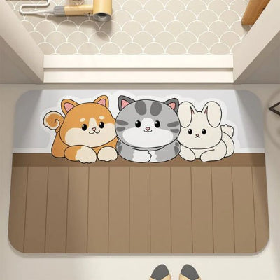 Tapis de bain antidérapant absorbant motifs chats blanc gris et roux de face tapis marron clair et blanc