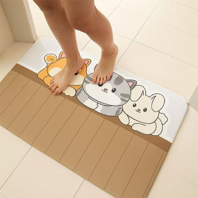 Tapis de bain antidérapant absorbant motifs chats blanc gris et roux de face tapis marron et blanc