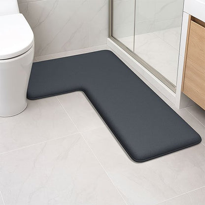 Tapis de salle de bain absorbant en flanelle épaisse en forme de L gris foncé