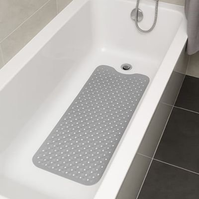 Tapis douche antidérapant gris lavable en machine avec trous de vidange et ventouses