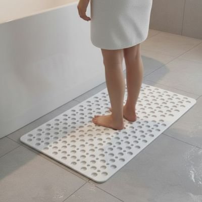 Tapis salle de bain antidérapant blanc rectangle avec trous de vidange 