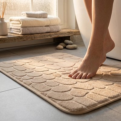 Tapis salle de bain beige, velours gaufré en mousse à mémoire de forme, antidérapant, en pavés, en microfibre
