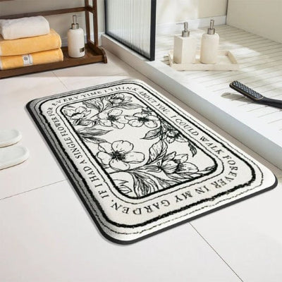 Tapis salle de bain fantaisie motifs fin noir sur blanc rectangle 