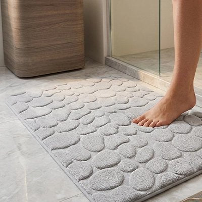 Tapis salle de bain gris clair, rectangle en polaire corail ultra douce, lavable à la machine, en pavés