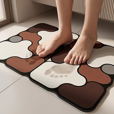 Tapis salle de bain motif patchwork géométrique marron et beige avec un contour noir
