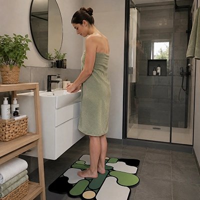 Tapis salle de bain motif patchwork géométrique vert et beige avec un contour noir