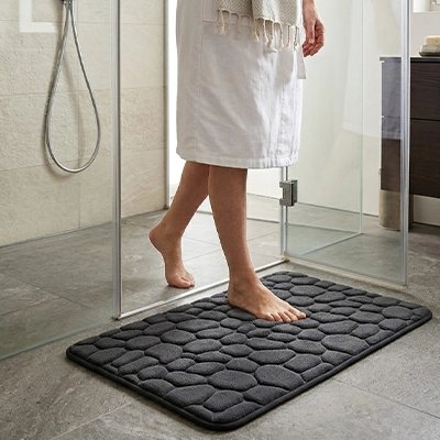 Tapis salle de bain noir, rectangle en polaire corail ultra douce, lavable à la machine, en pavés 