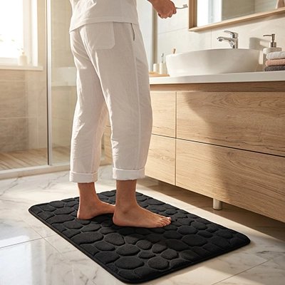Tapis salle de bain rectangle en polaire corail ultra douce, lavable à la machine, en pavés, noir