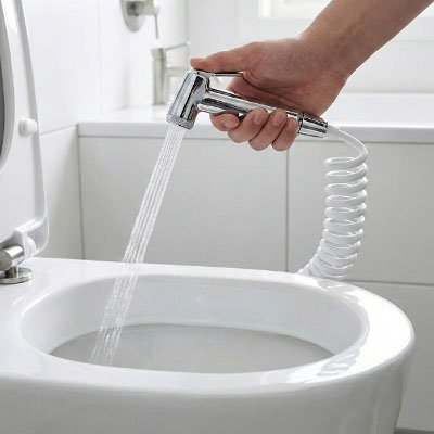Toilette avec douchette au tuyau extensible blanc et poignée en inox
